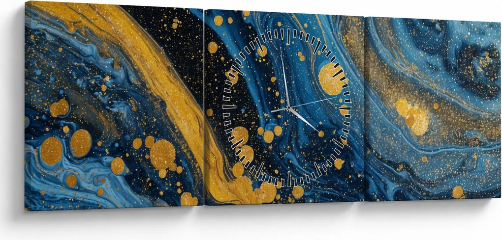 Obraz - Modrá abstrakcia so zlatom (s hodinami) (90x30 cm)