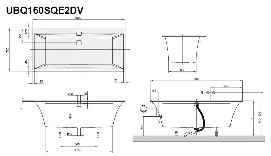 Villeroy & Boch Squaro Edge 12 Duo - Vaňa 1600x750 mm, vrátane odpadu a prepadu, alpská biela UBQ160SQE2DV-01