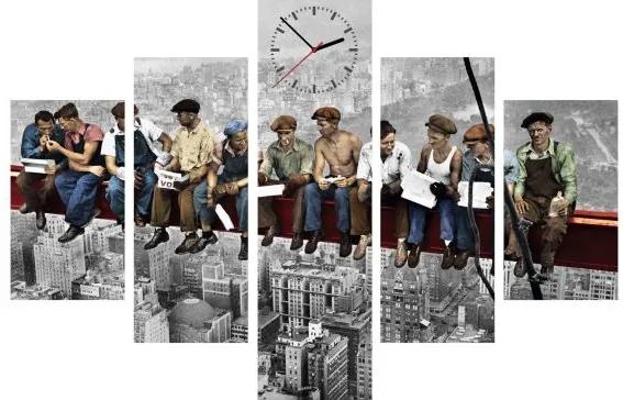 5-dielny obraz s hodinami, NY Robotníci, 100x70cm