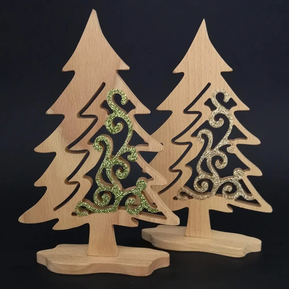 AMADEA Drevený 3D strom ihličnan s prierezom a trblietkami - mix farieb 21 cm