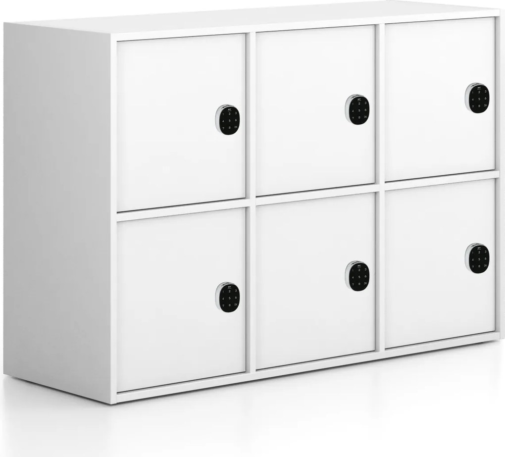 Kancelárska skriňa FRAME, nízka, 6x dvere, 1299 x 450 x 881 mm, kódový zámok, biela