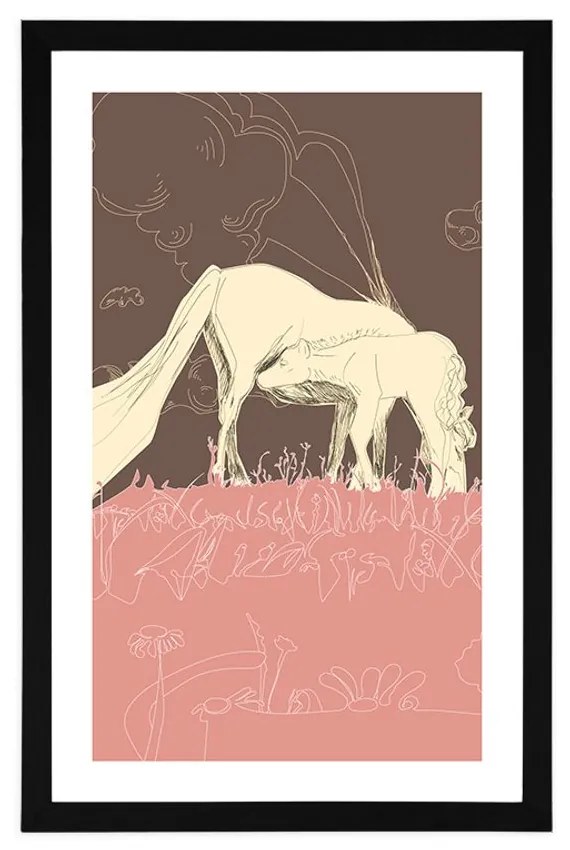 Plagát s paspartou kôň na ružovej lúke - 30x45 silver