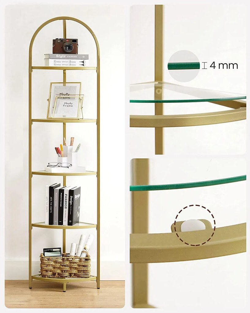 Sklenená rohová polica, 5-úrovňový regál, zlatá farba