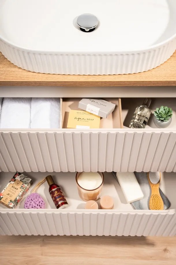 Závesná skrinka Nova Cashmere Beyond I s doskou a umývadlom 80 cm kašmírová/dub casella