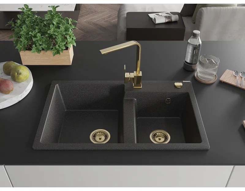 Mexen Tomas, granitový drez 800x500x190 mm, 2-komorový a zlatá batéria Rita, čierna škvrnitá, 6516-76-670300-50