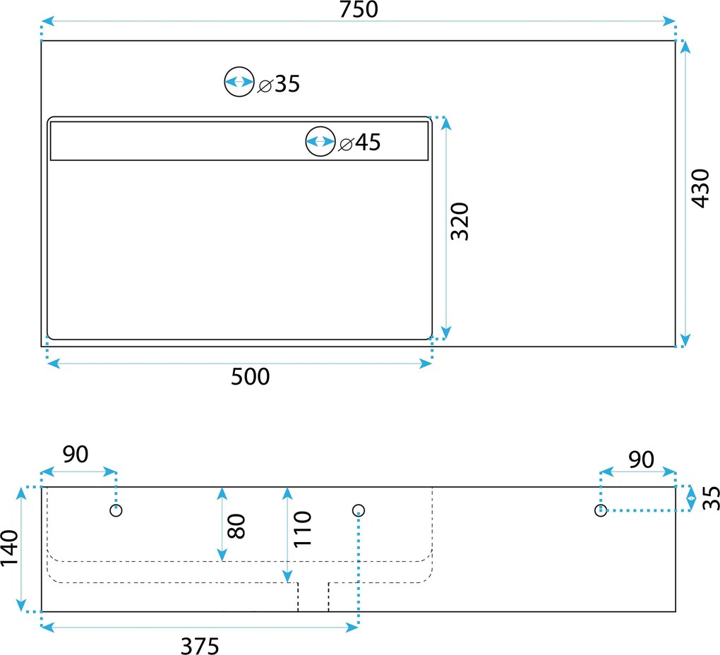 Rea Archi, umývadlo na dosku z konglomerátu 750x430x140 mm, ľavá verzia, šedá matná, REA-U4303