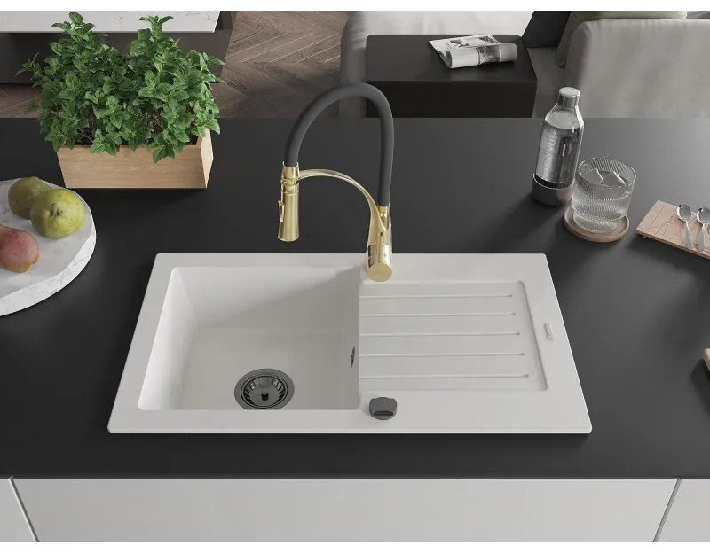 Mexen Pablo, 1-komorový granitový drez 752x436x161 mm a drezová batéria Aster, biela, 6510-20-73450-57-B