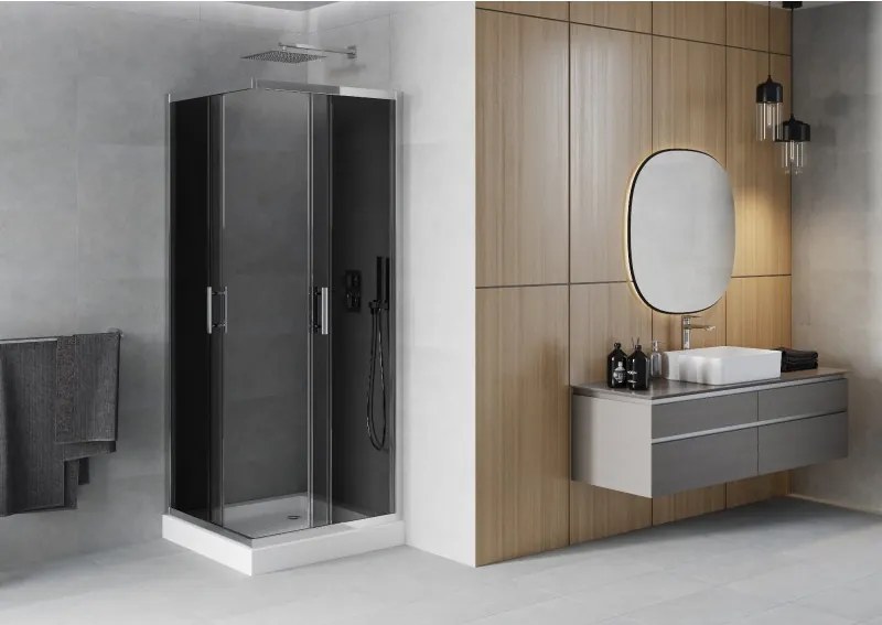Mexen Rio, štvorcový sprchovací kút s posuvnými dverami 70 x 70 cm, 6mm šedé sklo, chrómový profil + biela vysoká vanička Rio, 860-070-070-01-40-4510