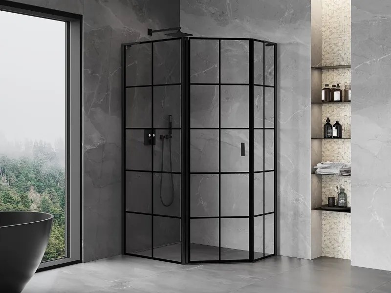 Mexen Mist L, päťuholníkový sprchový kút s krídlovými dverami, 100 x 80 cm, 8mm číre sklo, čierny profil, 8A8L-100-080-70-77-L