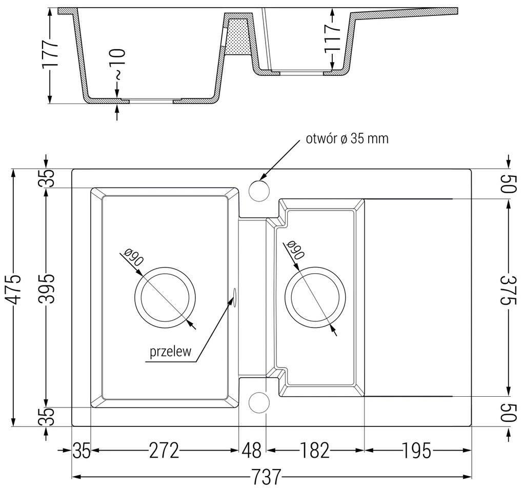 Mexen Gaspar, granitový drez 737x475x177 mm, 1,5-komorový a chrómová batéria Rita, čierna-zlatá metalíza, 6507-75-670300-00