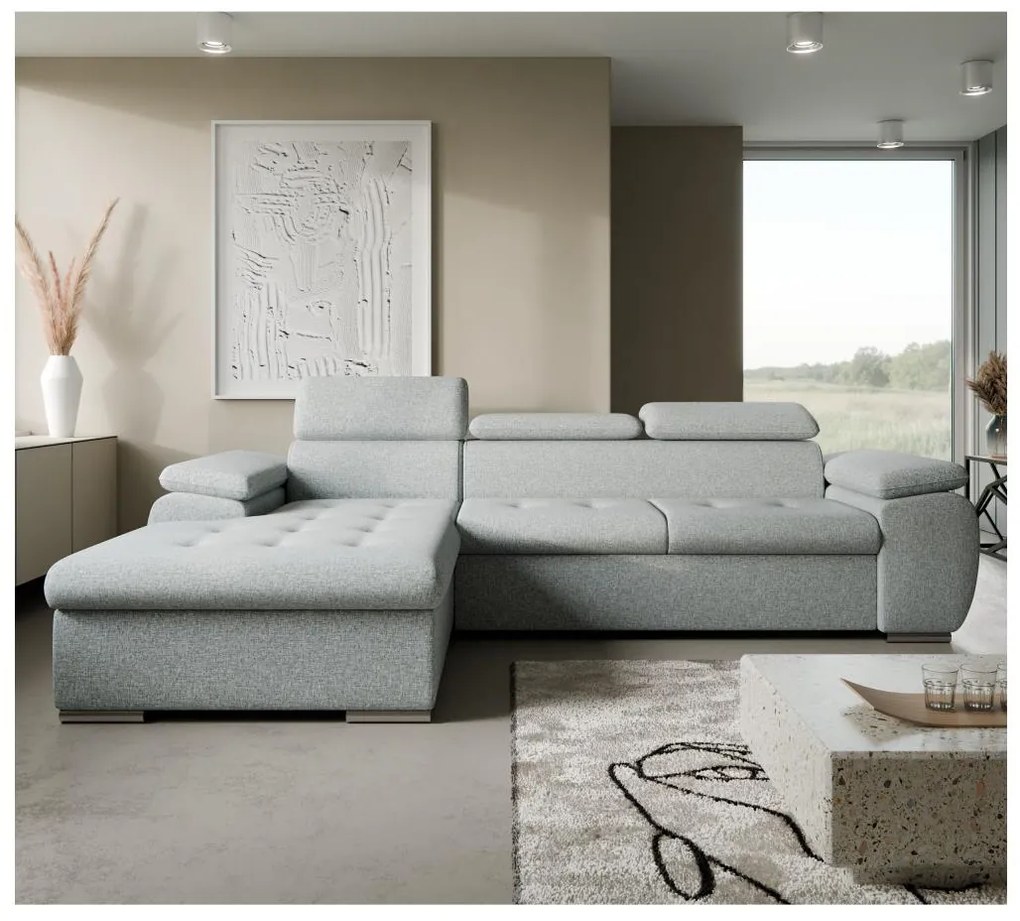 Rozkladacia rohová sedacia súprava do L s úložným priestorom PADUA sivá ľavá