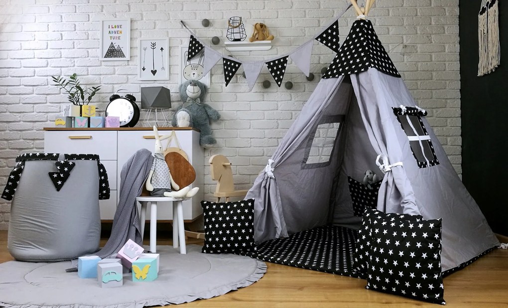 Detský stan TEEPEE (TÍPÍ) HVIEZDIČKY s doplnkami - šedočierny