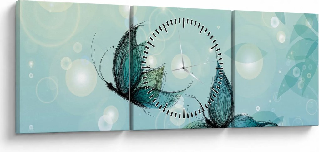 Obraz - Modré motýliky (s hodinami) (90x30 cm)