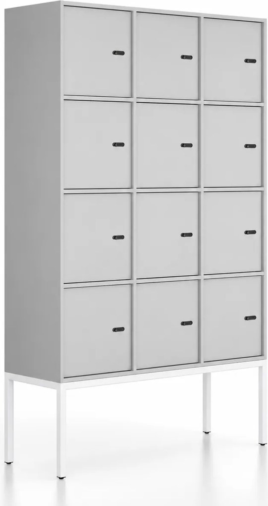 Kancelárska skriňa FRAME, biela podnož, 12x dvere, 1299 x 450 x 2185 mm, mechanický kódový zámok, sivá