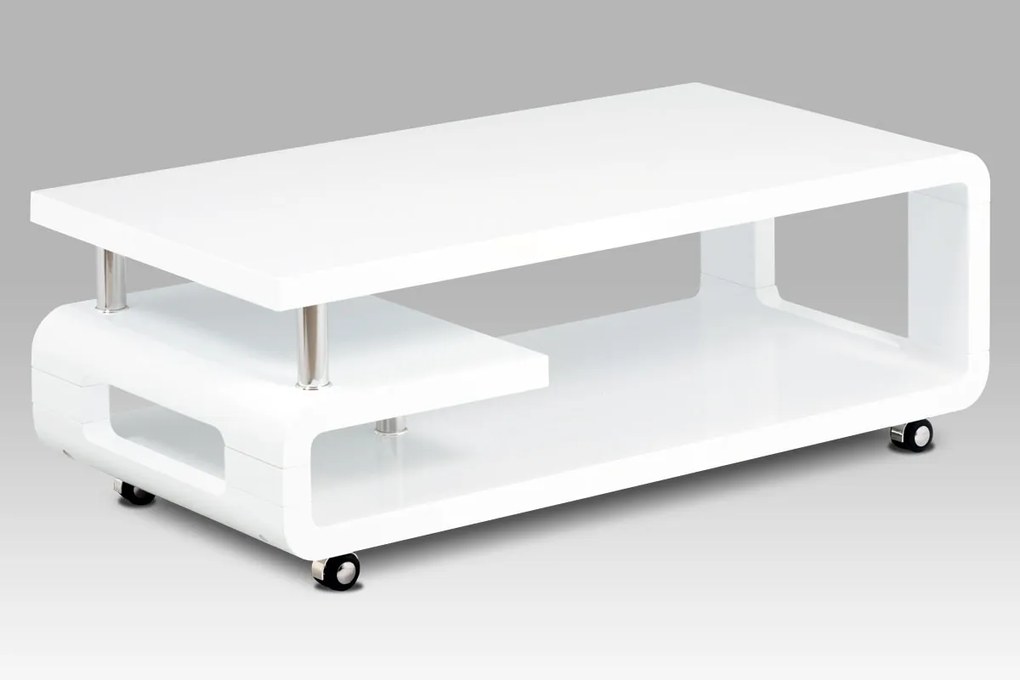 konferenčný stolík 115x60,biela MDF vysoký lesk,chróm,4 kolieska