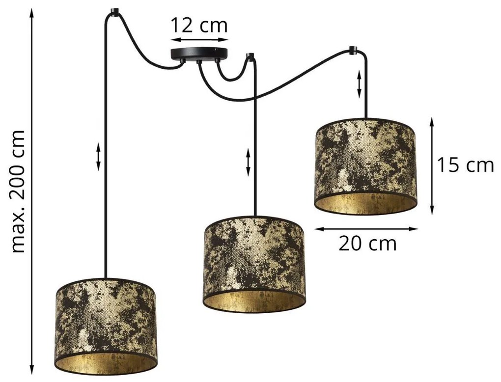 Závesné svietidlo Werona spider, 3x čierne/zlaté textilné tienidlo, g