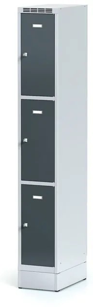 Alfa 3 Šatníková skrinka na sokli s úložnými boxami, 3 boxy, 1920 x 300 x 500 mm, otočný zámok, tmavosivé dvere