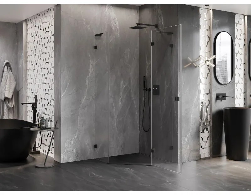 Mexen Lunar, L sklopný päťuholníkový sprchový kút pravý 100 x 100 cm, 8mm číre sklo, čierny profil, 831L-100P-100L-70-00-P