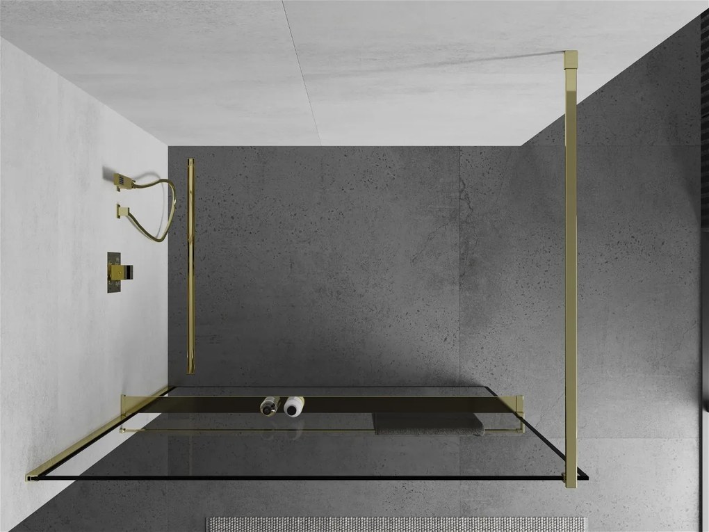 Mexen Kioto+, sprchová zástena s poličkou a držiakom na uteráky 110 x 200 cm, 8mm číre sklo vzor čierny rám, zlatý profil, 800-110-121-50-70