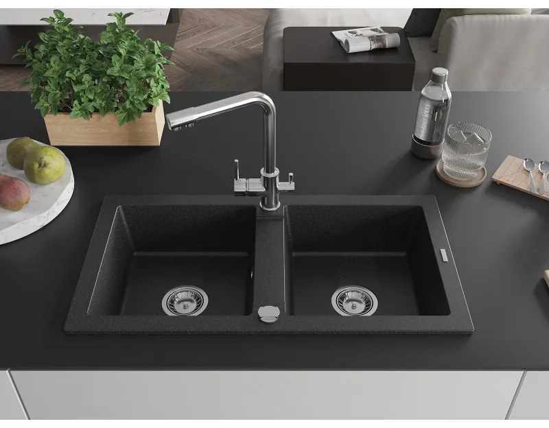 Mexen Mario, 2-komorový granitový drez 820x436x161 mm a chrómová drezová batéria Duero, čierna-strieborná metalíza, 6504-73-671600-00