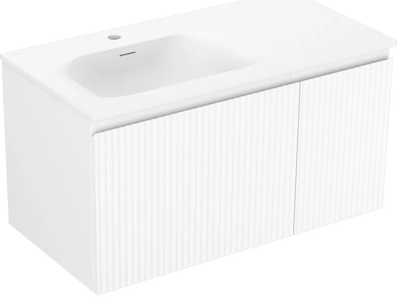 Mexen Rivel, kúpeľňová skrinka 90 cm s umývadlom Vela ľavá, 1S, 1D, drážkovaná, biela matná, 91A23-09047-3-BBFF01-W23L01