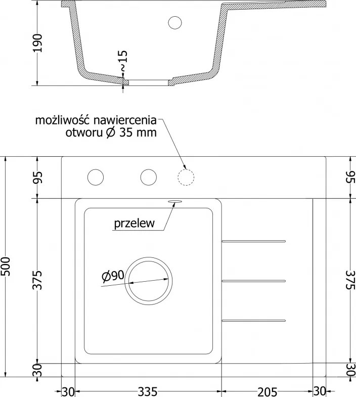 Mexen Ben, 1-komorový granitový drez 600x500x190 mm, ľavý + čierny sifón, biela, 6522605000-20-B