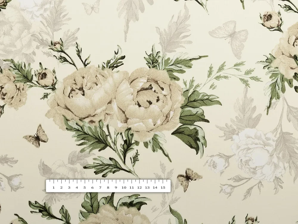 Biante Bavlnený behúň na stôl Sandra SA-473 Pivonky s motýlikmi na vanilkovom 45x180 cm
