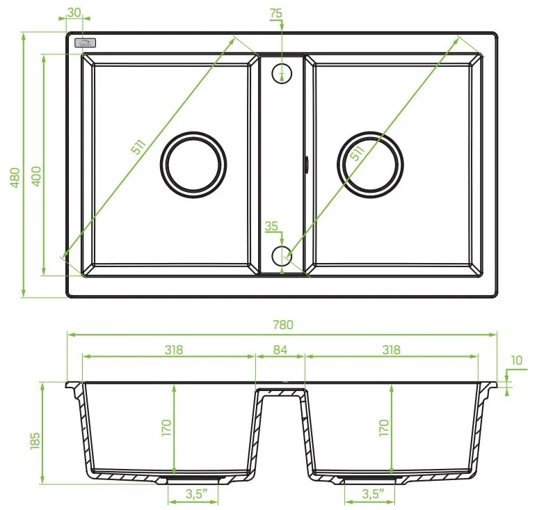 Laveo Barbados, 2-komorový granitový drez 780x480x185 mm, čierna škvrnitá, LAV-SBB_720T