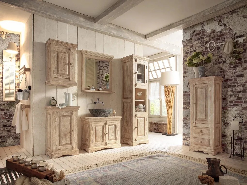 furniture-nabytek.cz - Masívna kúpeľňová nástenná skrinka Patina z mangového dreva, lakovaná, prírodná farba – 48×24×70 cm