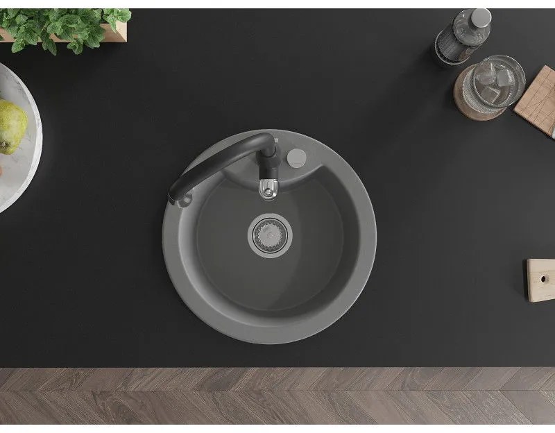 Mexen Diego, 1-komorový granitový drez 488x488x167 mm a drezová batéria Savita, šedá, 6512-71-672601-70