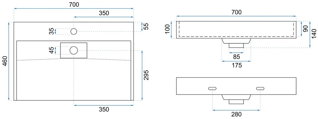 Rea Goya, konglomerátové umývadlo na dosku 70 cm + konzola, čierna matná, KPL-U8802