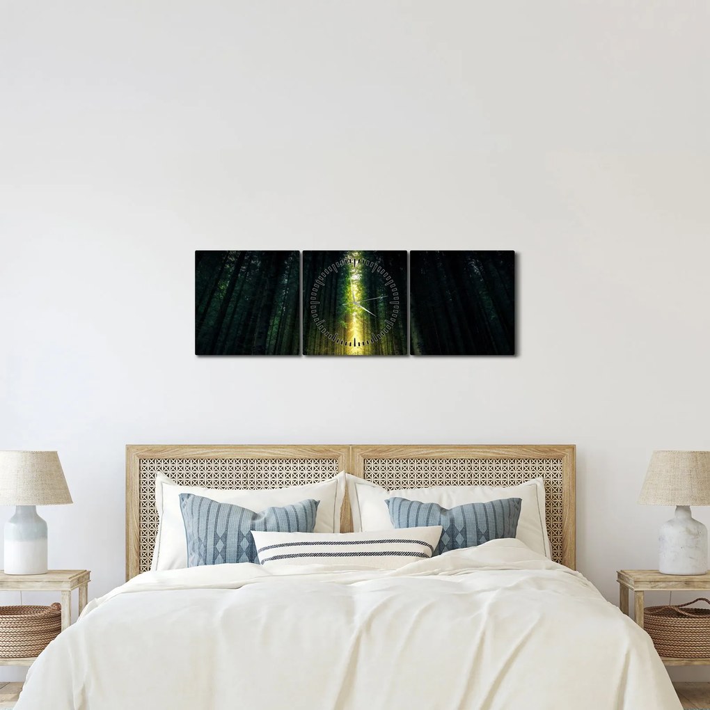 Obraz temného lesa (s hodinami) (90x30 cm)