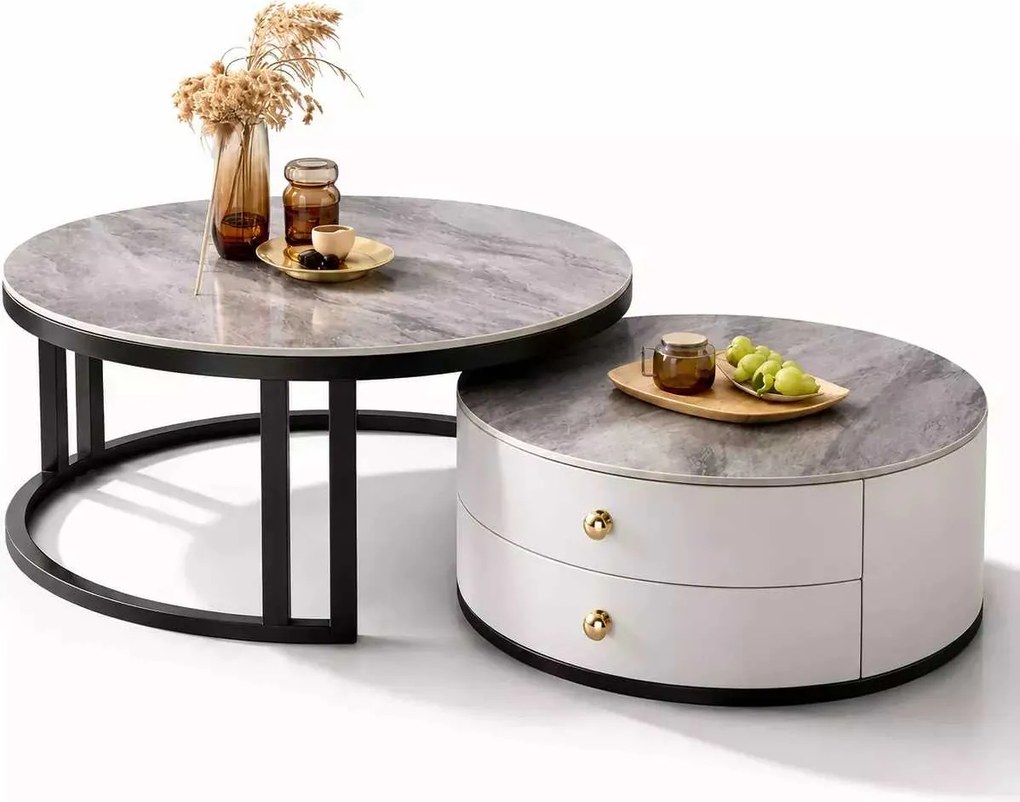 LuxuryForm DESIGN Konferenčný stolík ORION 70 × 70 / 50 × 50 cm – biely / sivý mramor (set 2 ks)