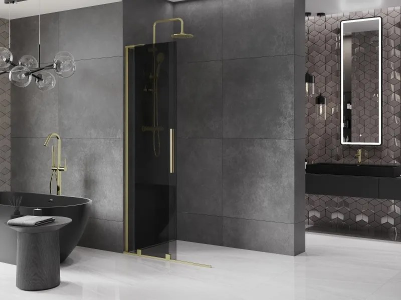 Mexen Velar L, posuvná sprchová zástena Walk-in 110 x 200 cm, 8mm šedé sklo, zlatá matná, 871-110-003-43-55