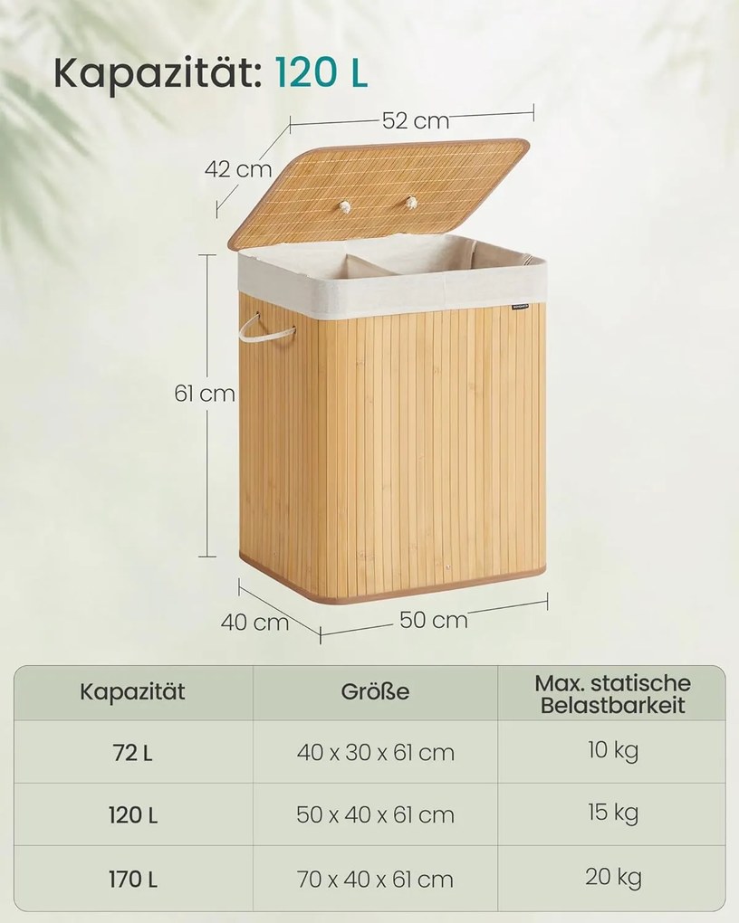 Kôš na prádlo s viečkom, 2 priehradkový, 120 litrový, bambusový, prírodný