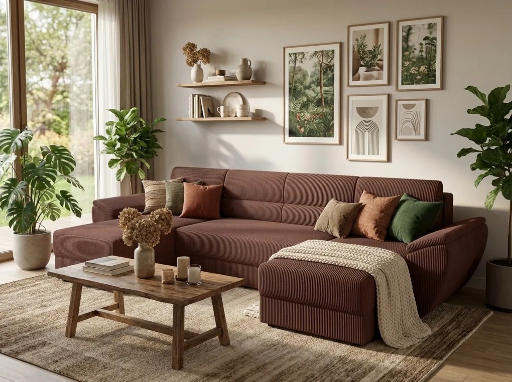 Rozkladacia sedacia súprava do U TAVERO 321x140 cm, tmavoružová