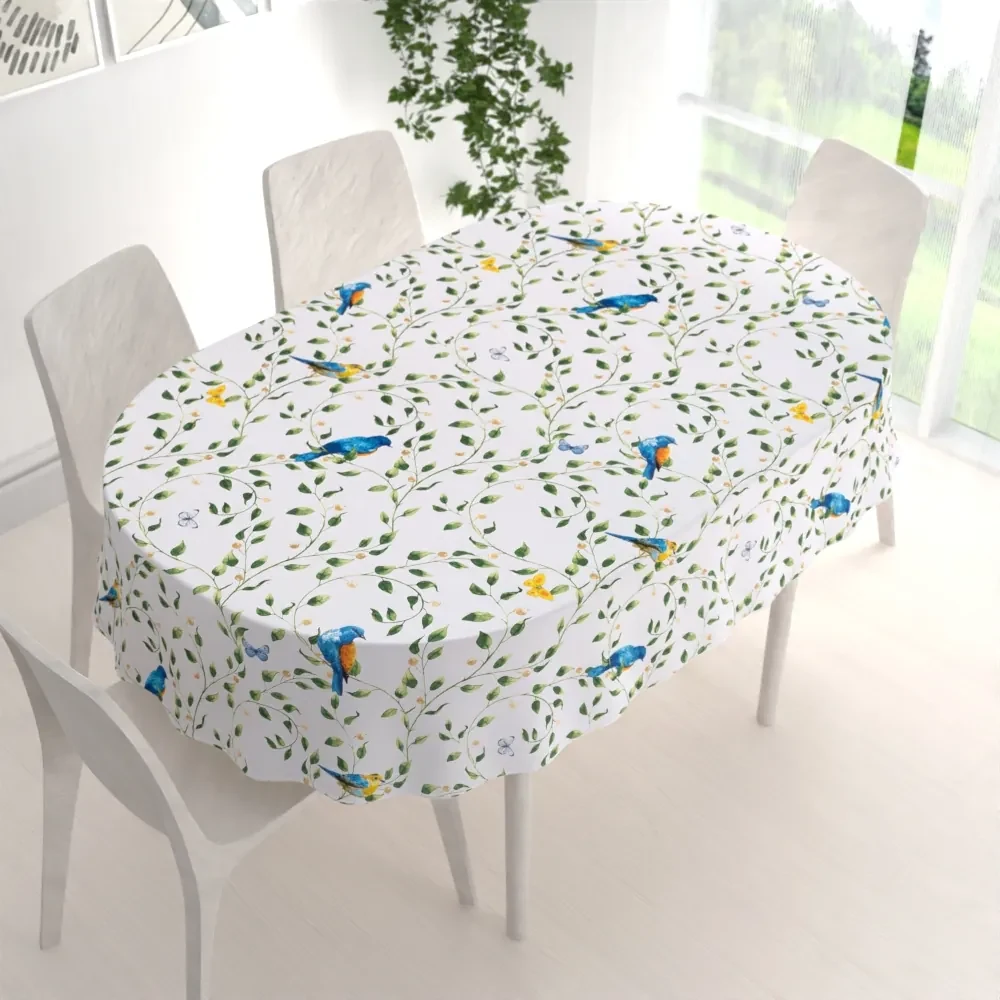 Biante Bavlnený oválny obrus Sandra SA-501 Modré vtáky a vetvičky na bielom 120x160 cm