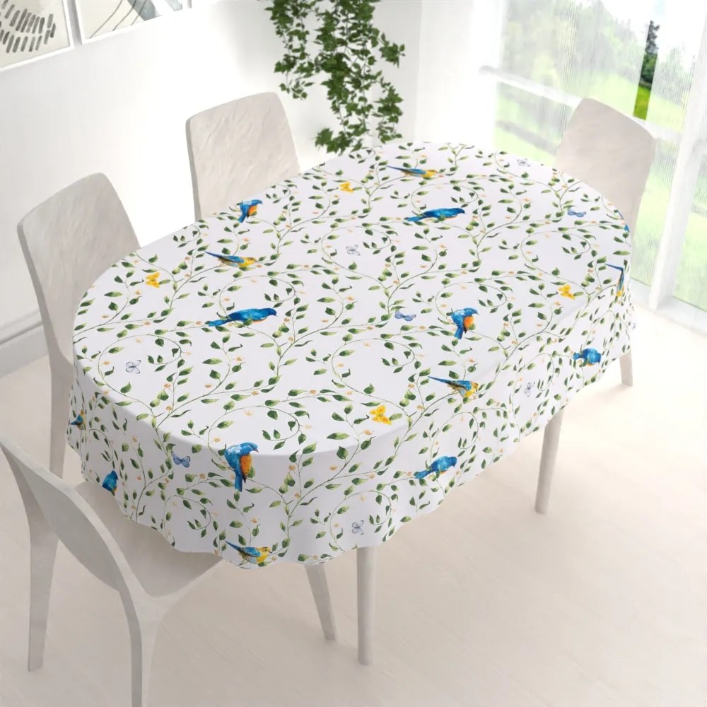 Biante Bavlnený oválny obrus Sandra SA-501 Modré vtáky a vetvičky na bielom 140x220 cm