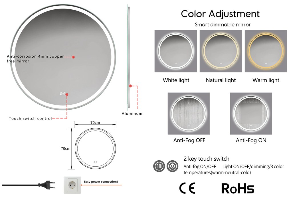 Erga Carla, okrúhle LED zrkadlo 70cm, 1610 lm, 3 farby svetla, ERG-V01-208-7070