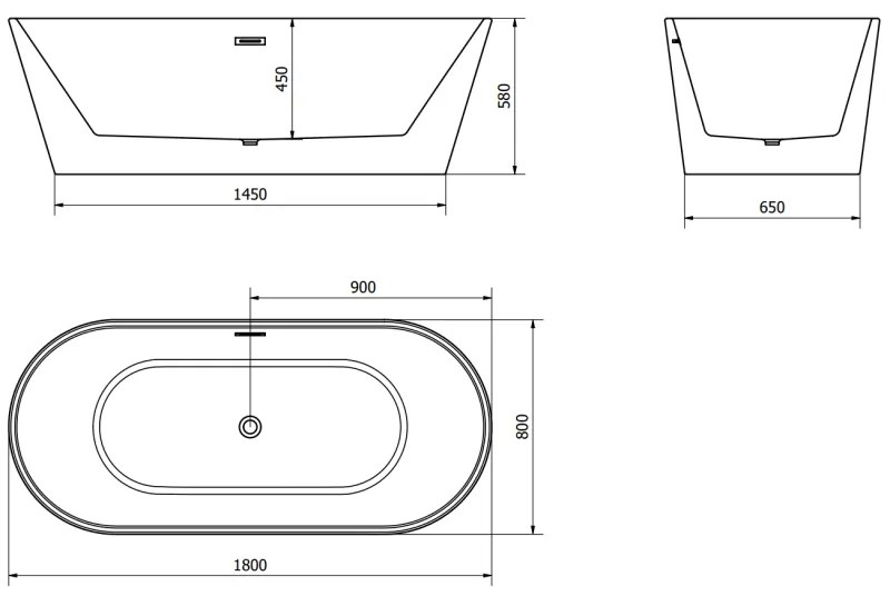 Mexen Luna, voľne stojaca vaňa 180 x 80 cm, biela, grafitový prepad, 52031808000-66