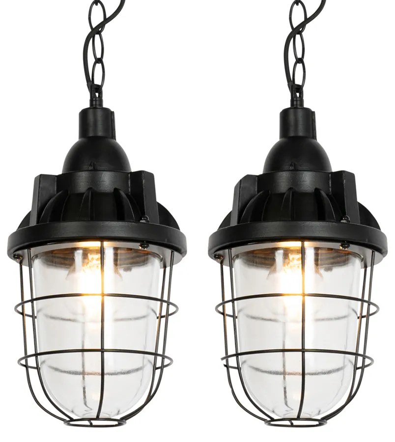 Sada 2 priemyselných závesných svietidiel čiernych - Cabin