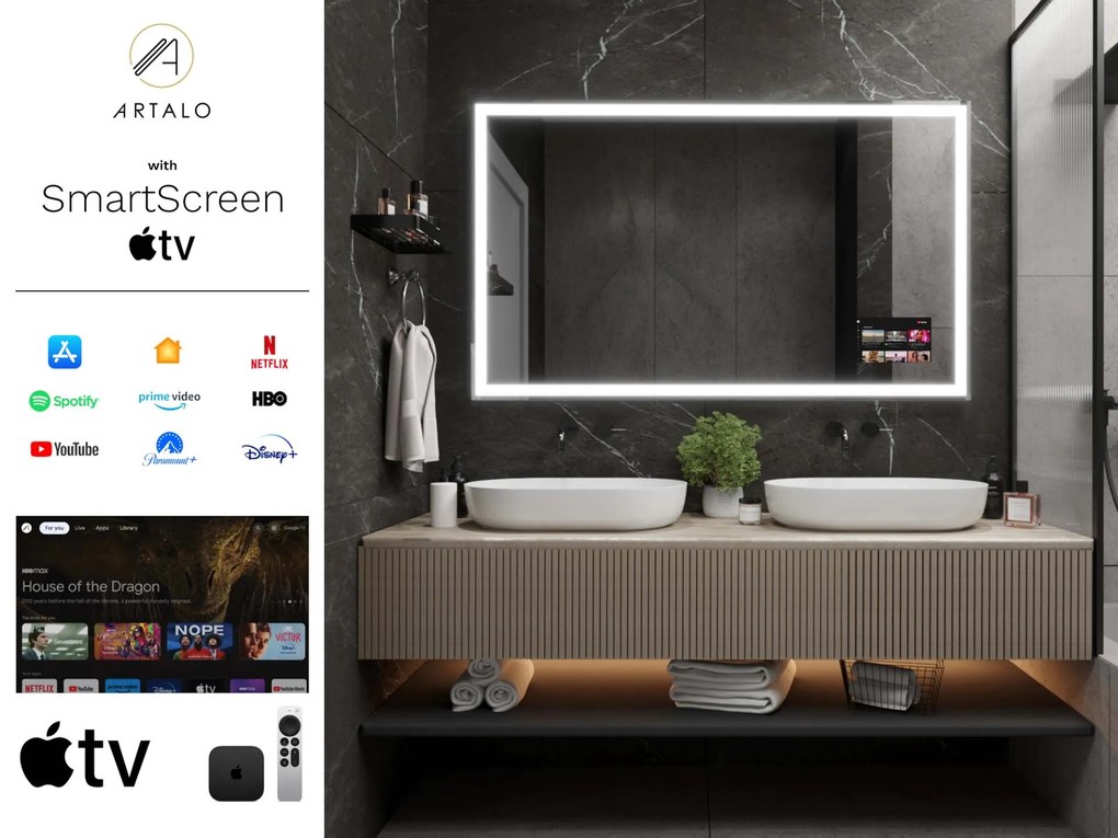 SMART Zrkadlo do kúpeľne s LED osvetlením M1 premium + SmartScreen with Apple TV