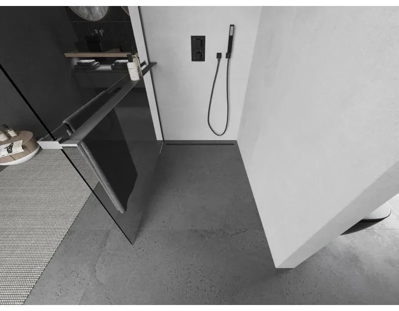 Mexen Kioto+, sprchová zástena Walk-In s poličkou a vešiakom 105 x 200 cm, 8mm číre sklo, grafitový profil, 800-105-121-95-00