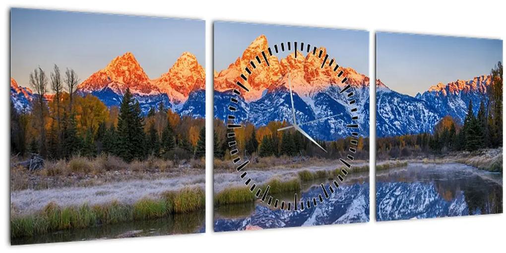 Obraz zasnežených horských štítov (s hodinami) (90x30 cm)