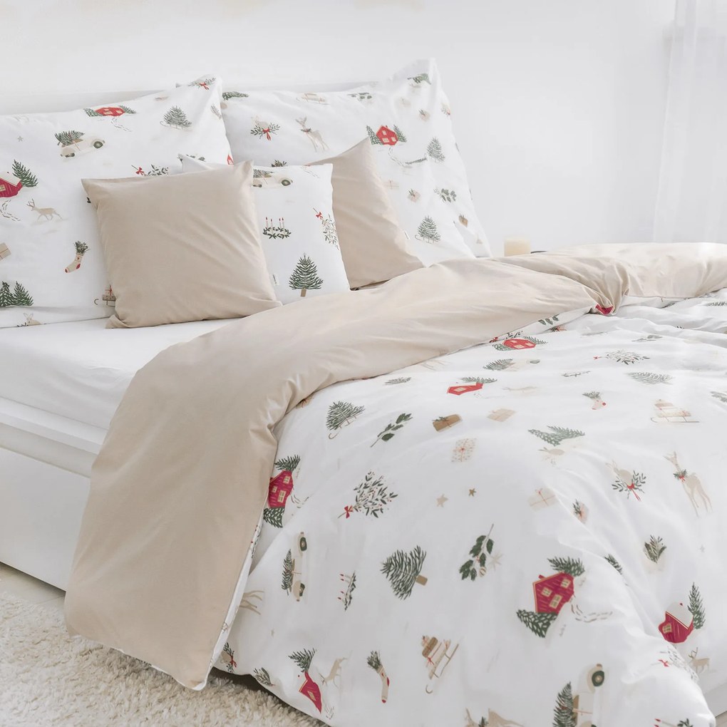 Goldea vianočné bavlnené posteľné obliečky duo - tradičné vianoce s latte 240 x 220 a 2ks 70 x 90 cm