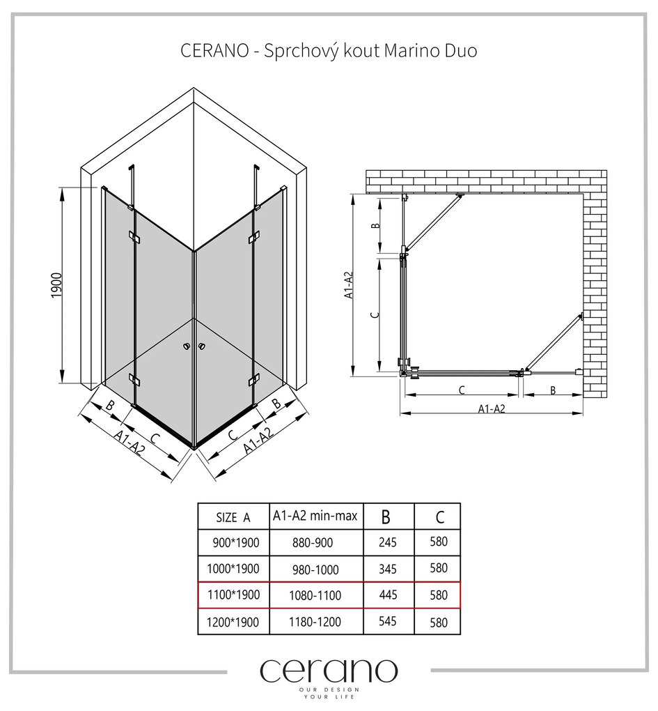 Cerano Marino Duo, sprchovací kút 110(dvere) x 110(dvere), 6mm číre sklo, čierny profil, CER-CER-423042