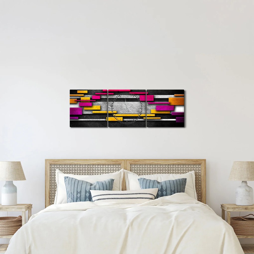 Obraz farebné abstrakcie na čiernom pozadí (s hodinami) (90x30 cm)