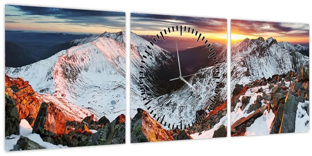 Obraz - Zimná horská panoráma (s hodinami) (90x30 cm)