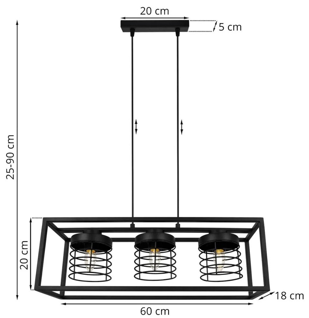 Závesné svietidlo Rasti cage, 3x čierne drôtené tienidlo v kovovom ráme