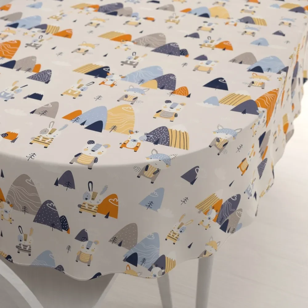 Biante Detský bavlnený oválny obrus Sandra SA-613 Modro-oranžové lesné zvieratká na bledo sivom 140x160 cm